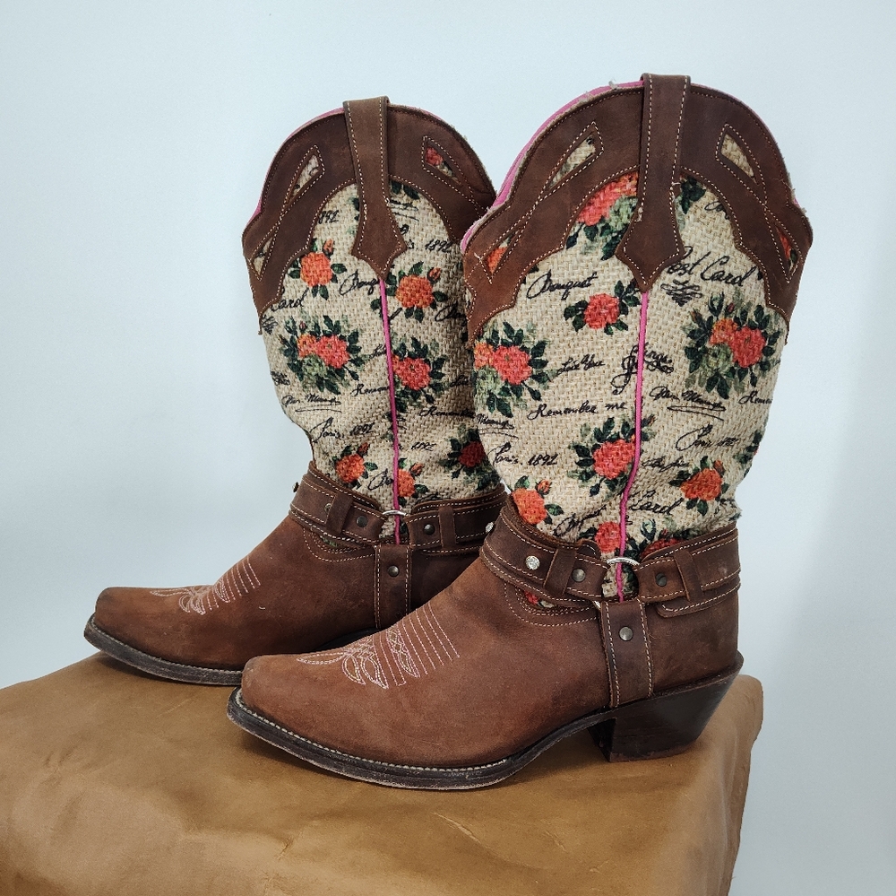 Rouswest Tan Leather And Fabric With Roses Snip Toe Cowboy Boots Women's Size 9 - Picture 3 of 7
